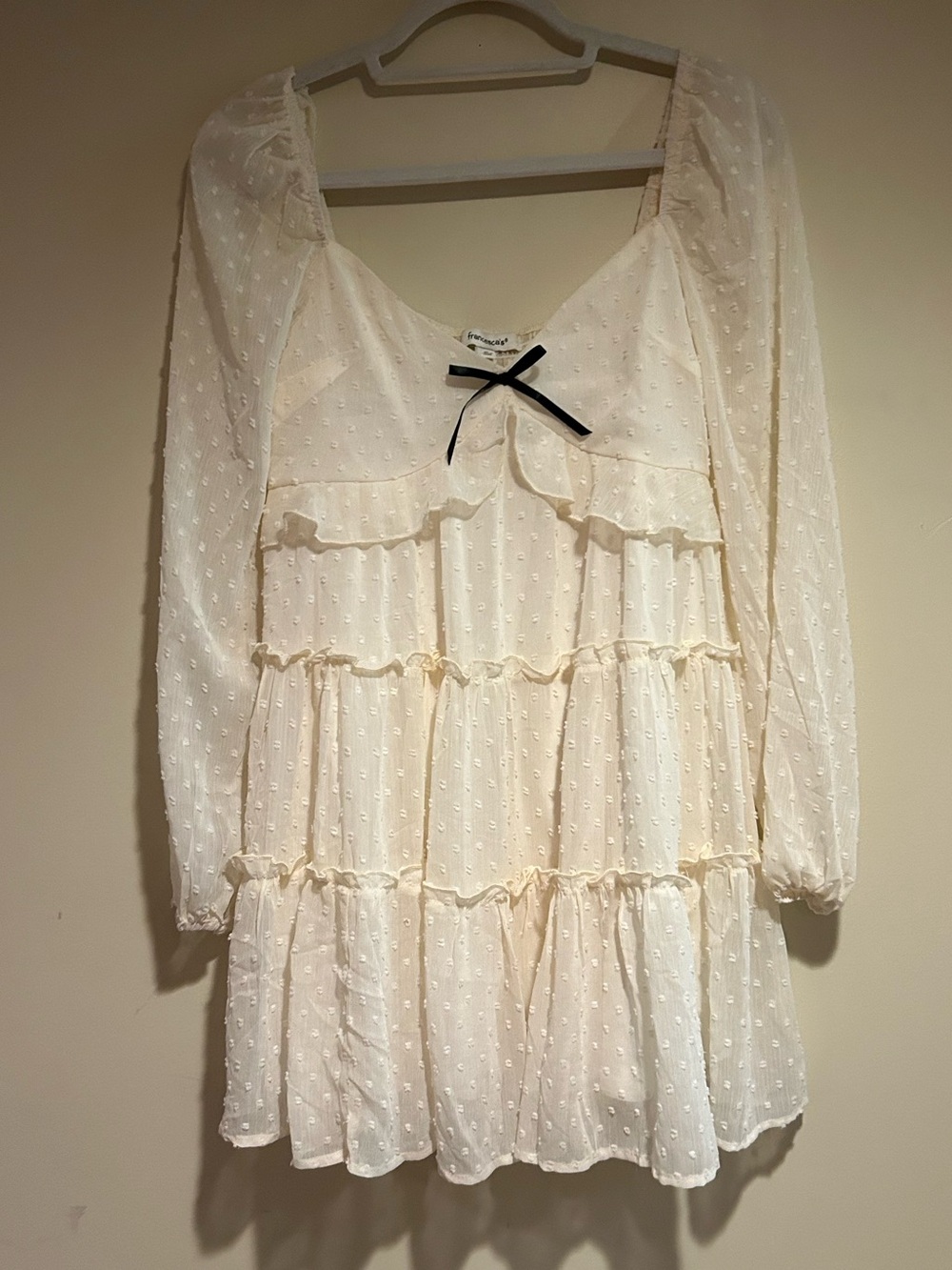 Francesca's Cream Swiss Dot Ruffle Mini Dress with Black Bow Sz Sm